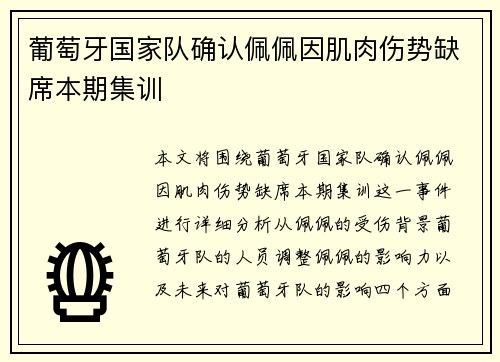 葡萄牙国家队确认佩佩因肌肉伤势缺席本期集训